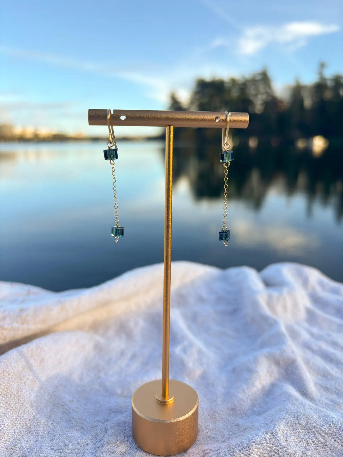 Handmade teal crystal cube drop earrings Swarovski gold filled jewelry BC Canada