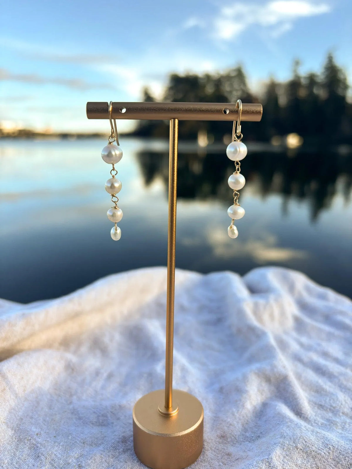 Four drop pearl earrings handmade gold filled Canada detail view