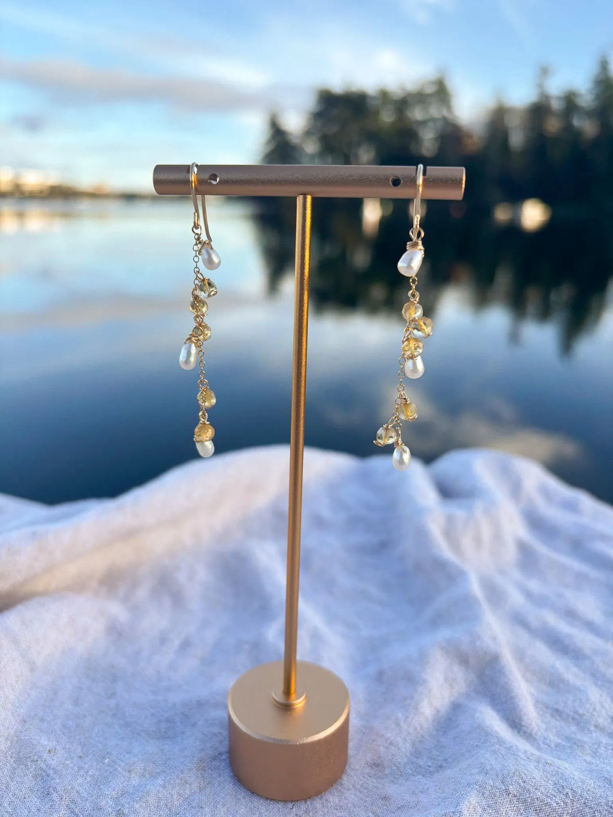 Handmade pearl and citrine gemstone earrings gold filled BC Canada