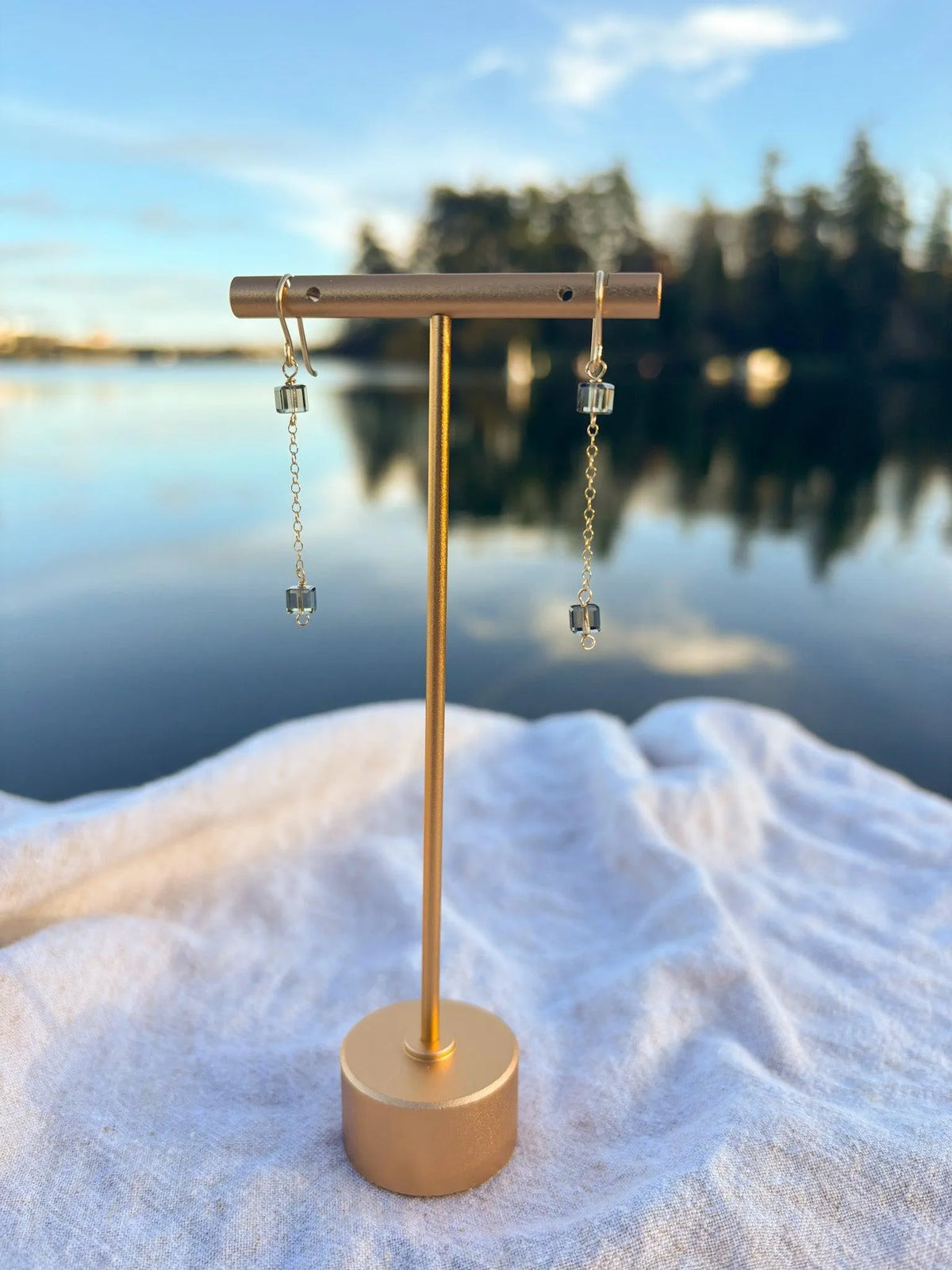 Handmade crystal cube drop earrings grey Swarovski gold filled jewelry BC Canada