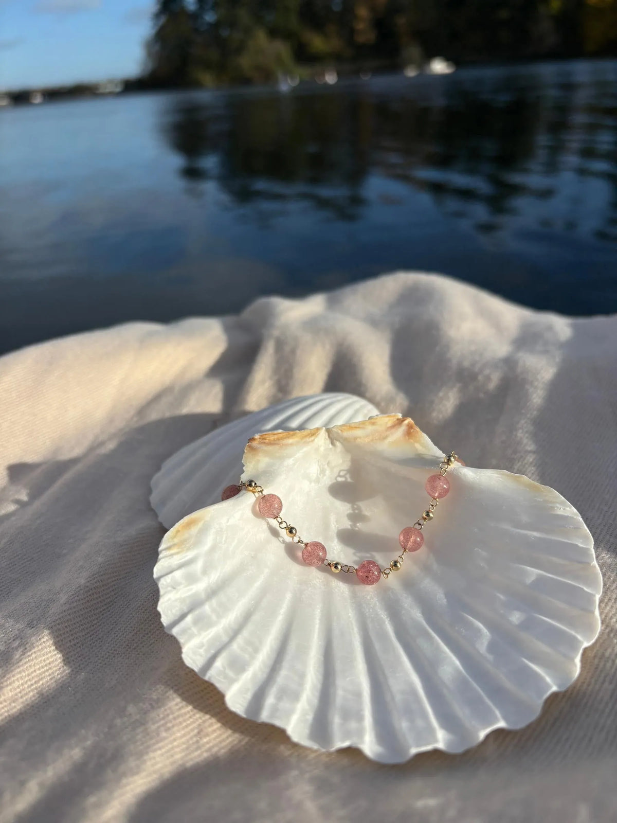 Strawberry quartz bracelet handmade gold filled Canada detail view