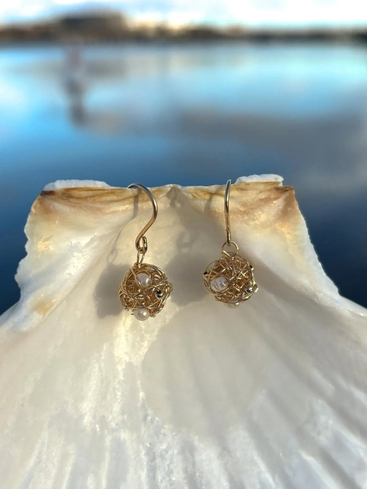 Handmade Nido pearl nest earrings gold filled wire wrap jewelry BC Canada