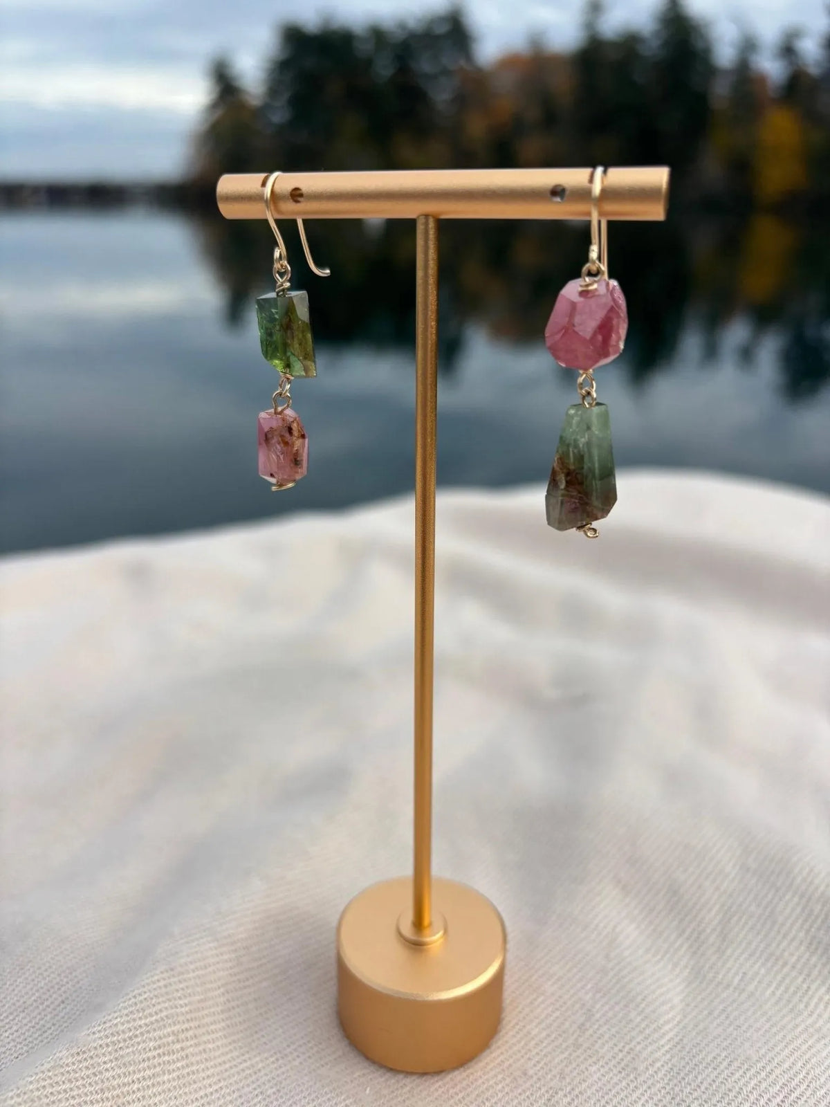 Watermelon tourmaline drop earrings handmade jewelry Canada detail view