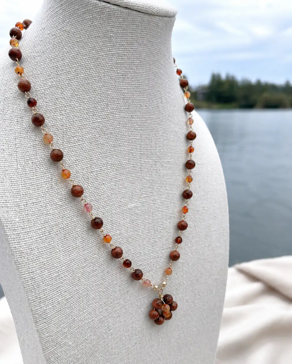 Goldstone/AgateSunset Flower Pendat Necklace