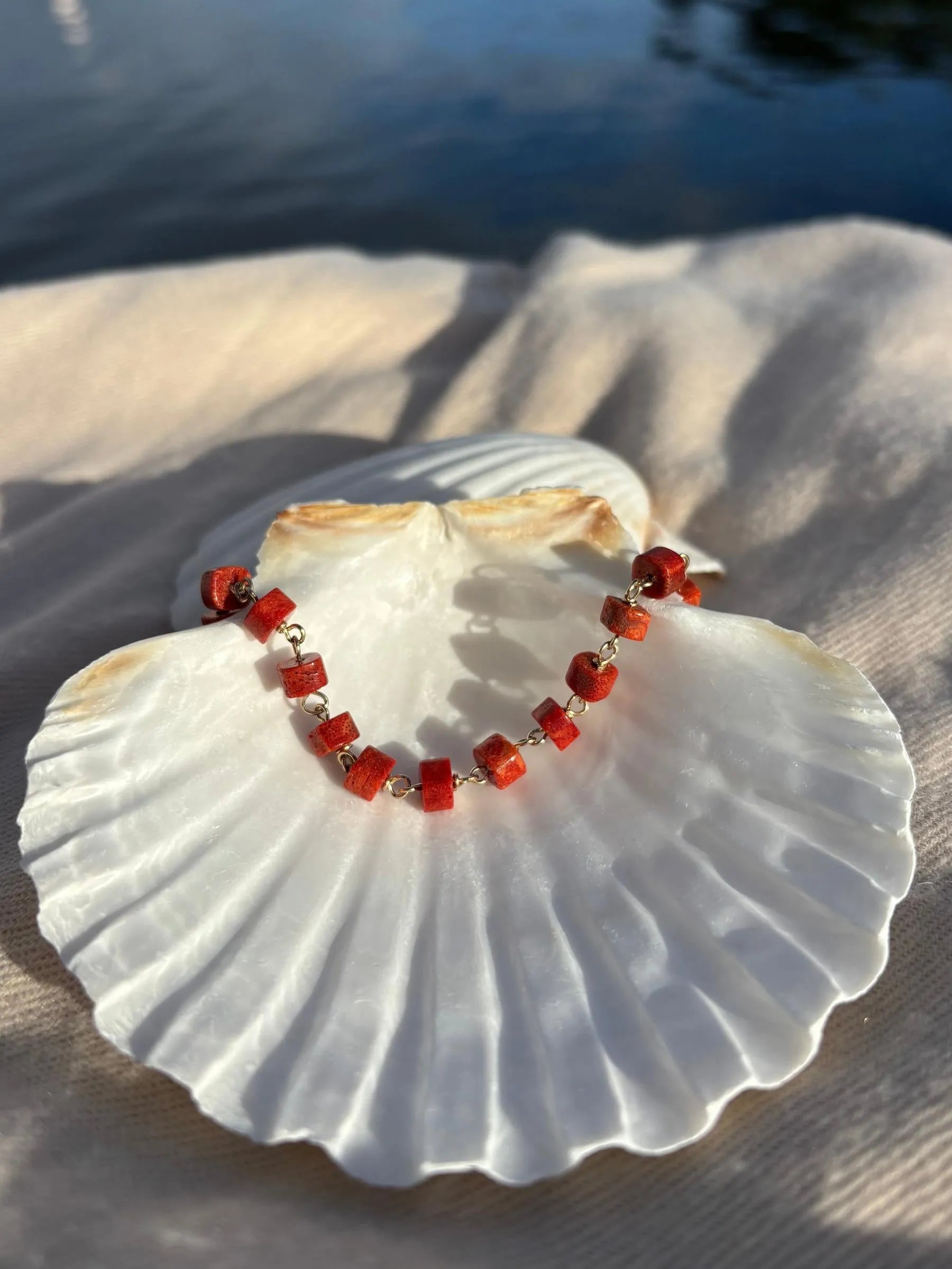Red coral bracelet handmade gold filled Canada detail view