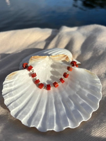 Red coral bracelet handmade gold filled Canada detail view
