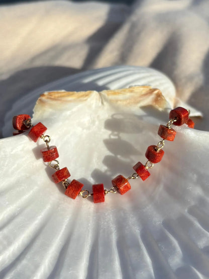 Handmade red sponge coral bracelet gold filled BC Canada