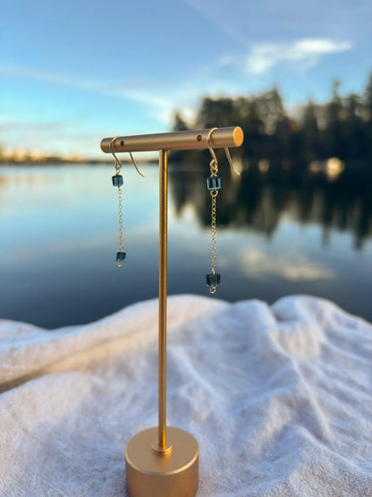 Deep teal Swarovski crystal dangle earrings handmade gold filled Canada detail view