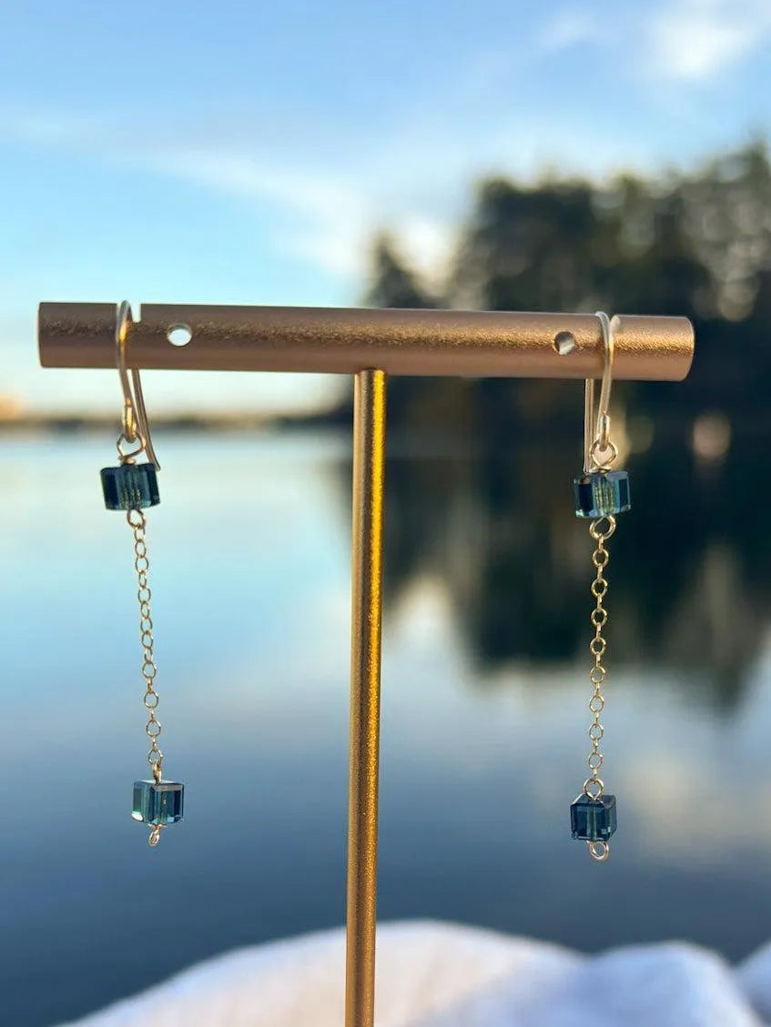 Handmade deep teal Swarovski crystal drop earrings gold filled chain BC Canada