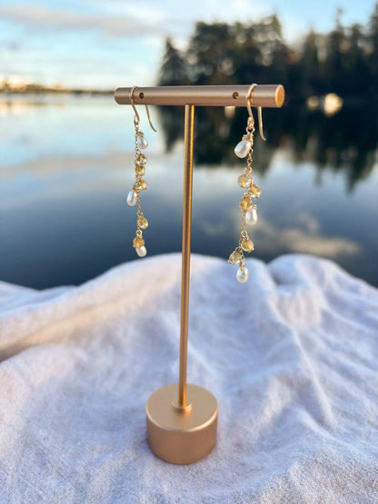 Pearl citrine cascade earrings handmade gold filled Canada detail view