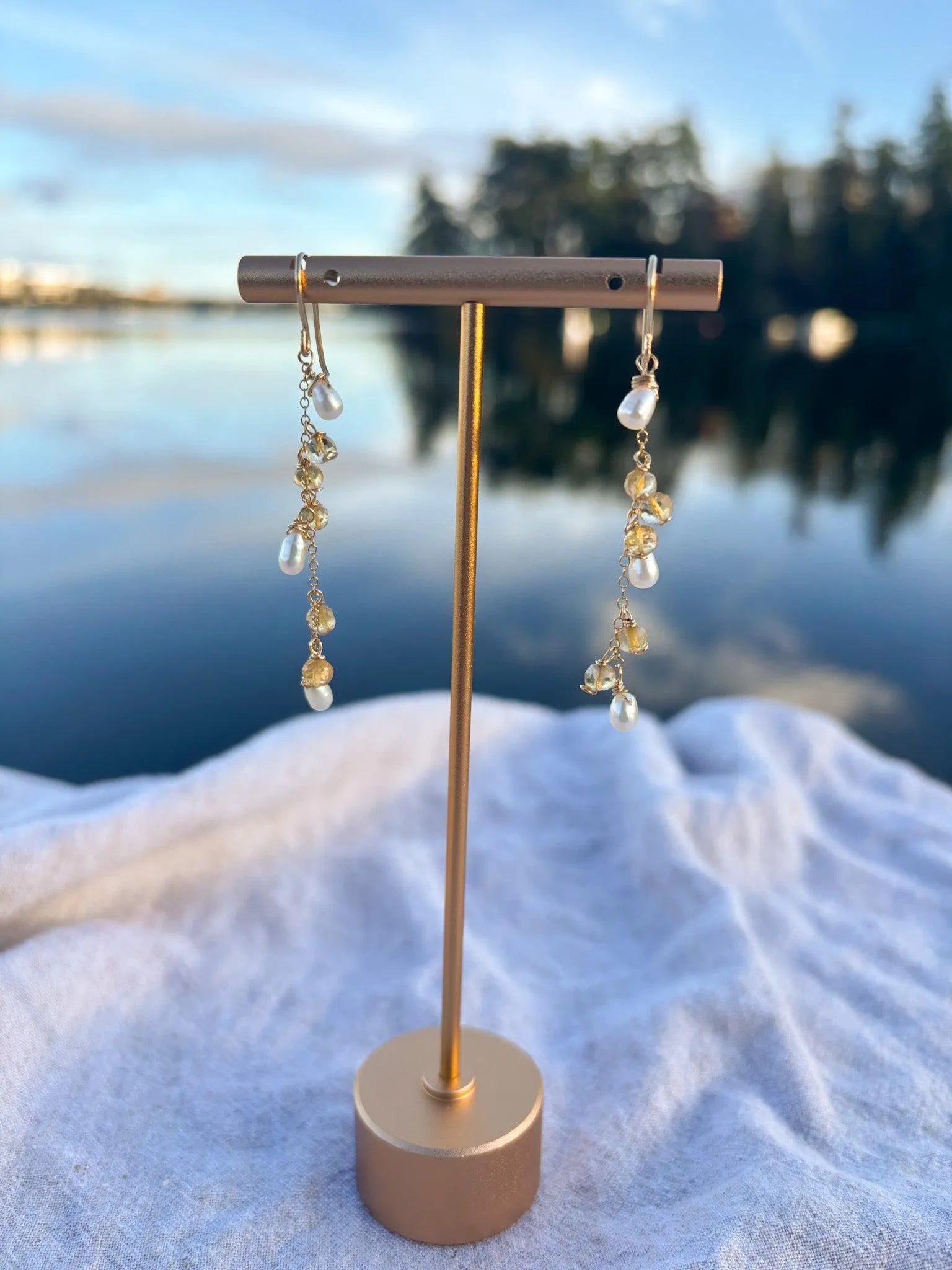 Handmade pearl and citrine gemstone earrings gold filled BC Canada