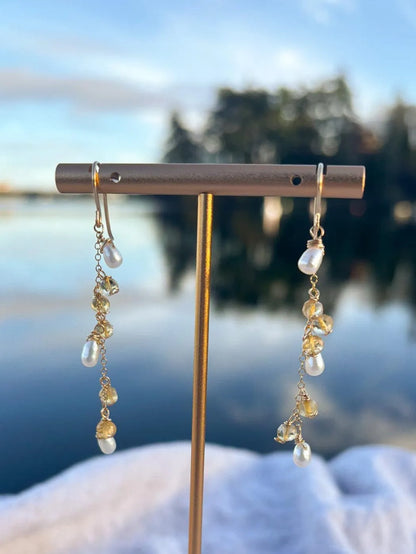 Handmade freshwater pearl citrine cascade drop earrings gold filled BC Canada