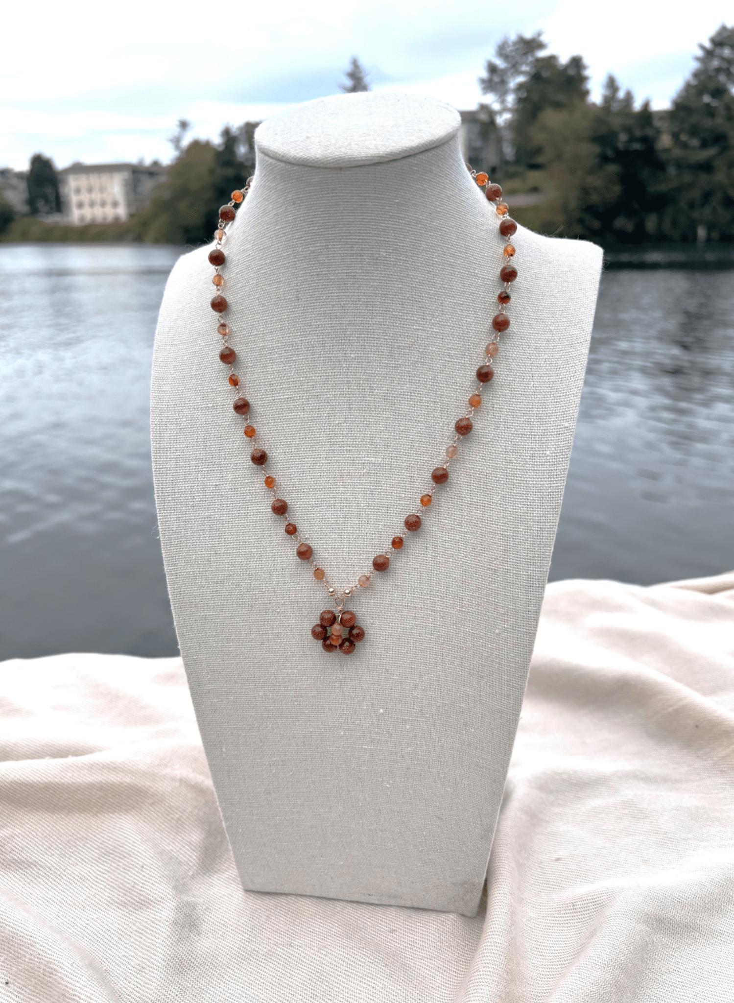 Goldstone/AgateSunset Flower Pendat Necklace