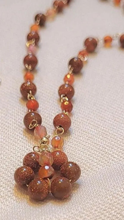 Goldstone/AgateSunset Flower Pendat Necklace