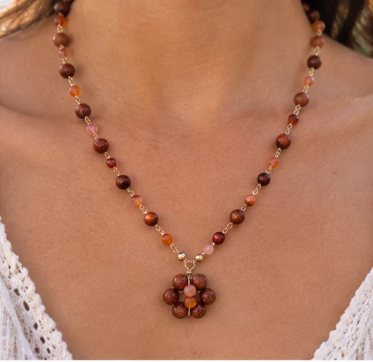 Goldstone/AgateSunset Flower Pendat Necklace