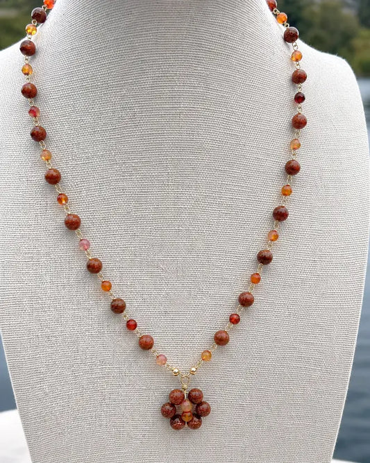 Goldstone/AgateSunset Flower Pendat Necklace